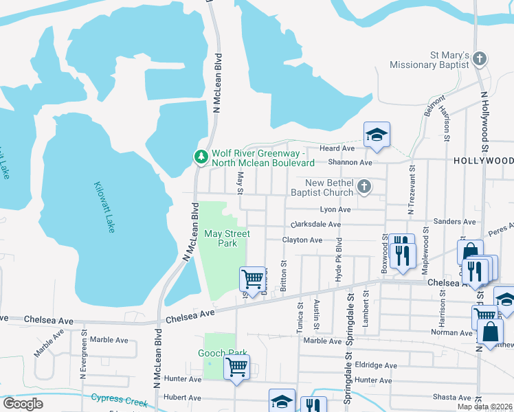 map of restaurants, bars, coffee shops, grocery stores, and more near 2030 Clarksdale Avenue in Memphis