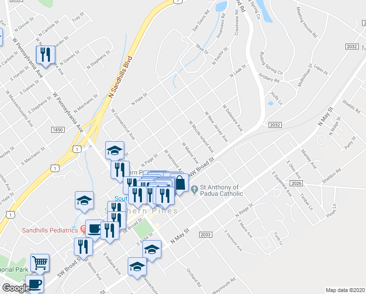 map of restaurants, bars, coffee shops, grocery stores, and more near 250 West Maine Avenue in Southern Pines
