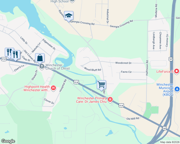 map of restaurants, bars, coffee shops, grocery stores, and more near 270 Wood Bluff Road in Winchester