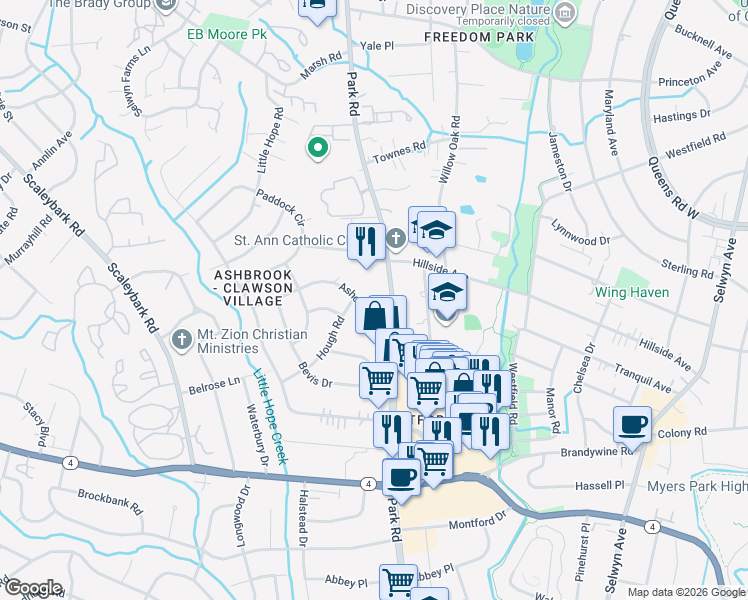 map of restaurants, bars, coffee shops, grocery stores, and more near 1449 Ashcraft Lane in Charlotte