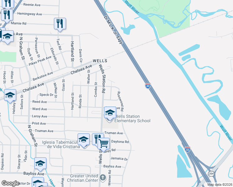 map of restaurants, bars, coffee shops, grocery stores, and more near 4384 Deborah Avenue in Memphis
