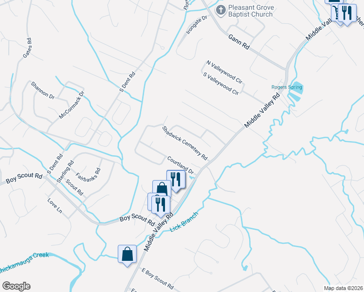 map of restaurants, bars, coffee shops, grocery stores, and more near 1616 Shadwick Cemetery Road in Middle Valley