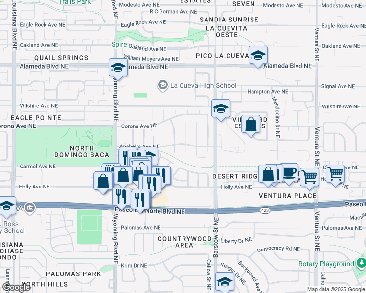map of restaurants, bars, coffee shops, grocery stores, and more near 8321 Wilson Hurley Court Northeast in Albuquerque