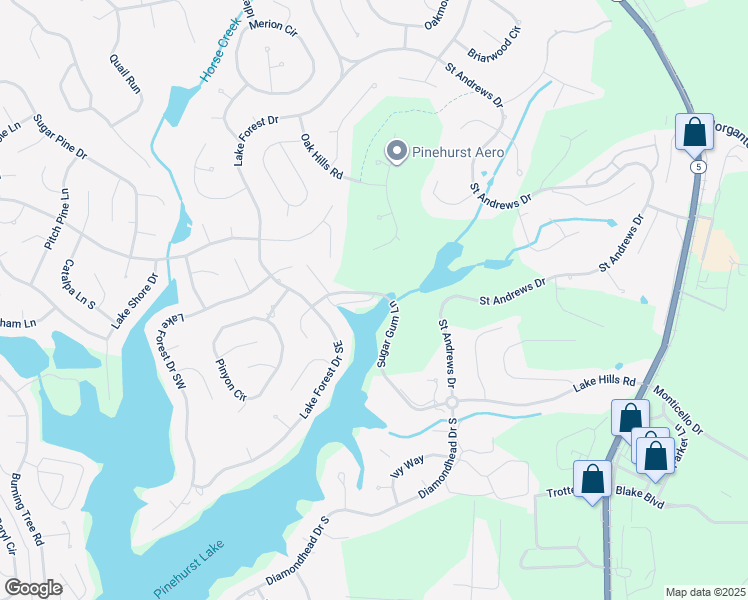 map of restaurants, bars, coffee shops, grocery stores, and more near 140 Sugar Gum Lane in Pinehurst