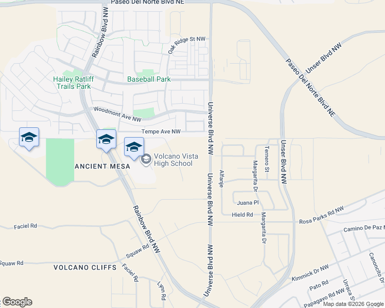 map of restaurants, bars, coffee shops, grocery stores, and more near 99999 Universe Boulevard Northwest in Albuquerque