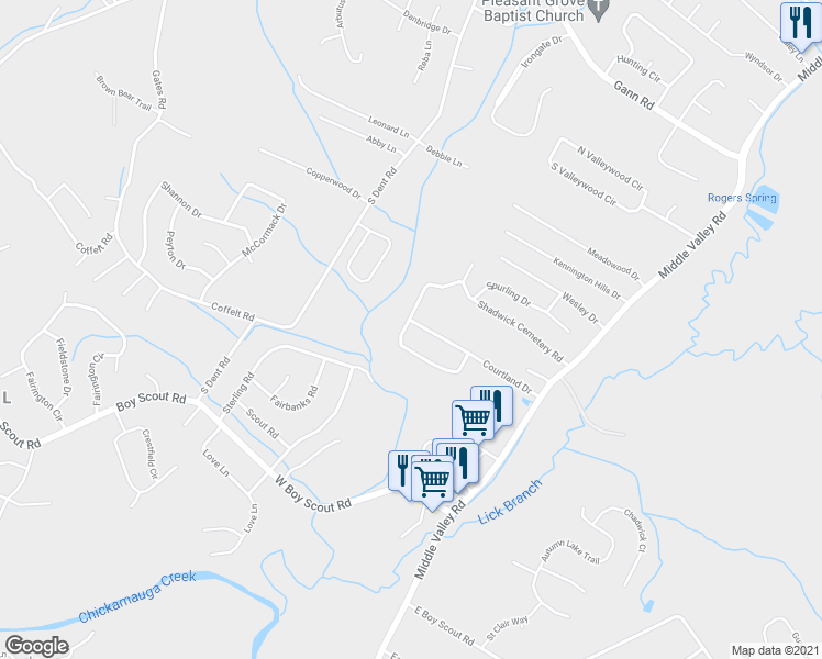 map of restaurants, bars, coffee shops, grocery stores, and more near 1408 Courtland Drive in Middle Valley