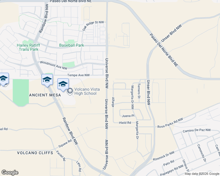 map of restaurants, bars, coffee shops, grocery stores, and more near 99999 Universe Boulevard Northwest in Albuquerque