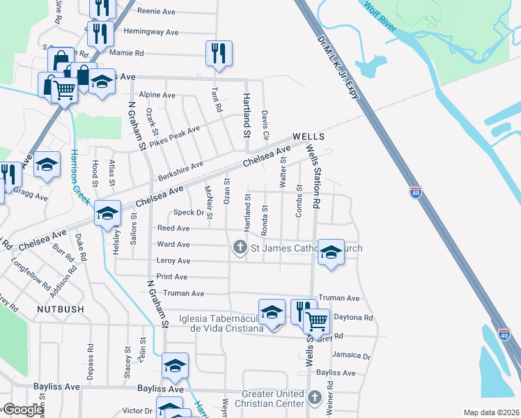 map of restaurants, bars, coffee shops, grocery stores, and more near 1692 Hartland Street in Memphis