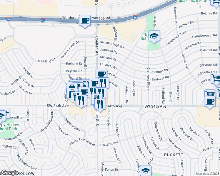 map of restaurants, bars, coffee shops, grocery stores, and more near 7010 Hansford Drive in Amarillo