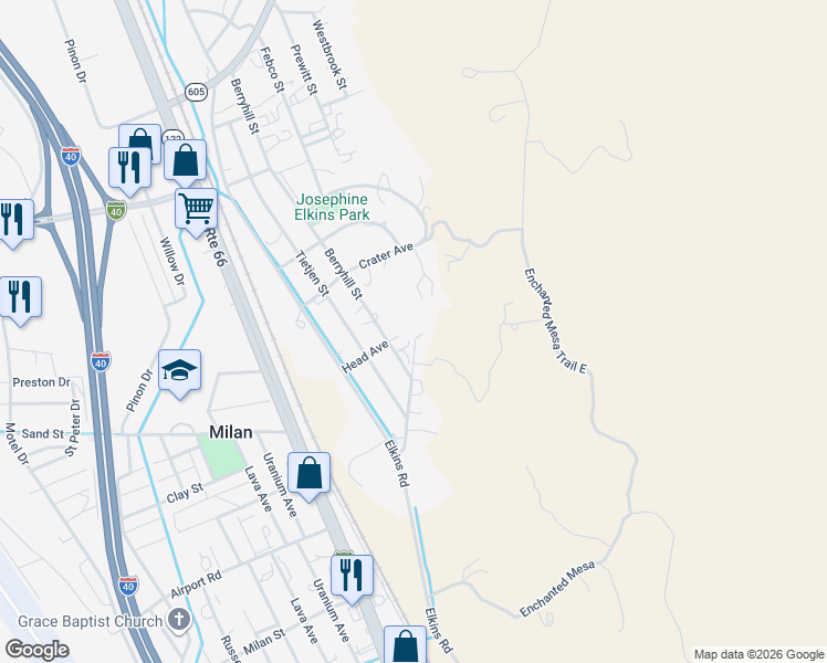 map of restaurants, bars, coffee shops, grocery stores, and more near 1309 Berryhill Street in Grants