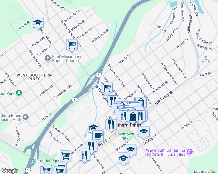 map of restaurants, bars, coffee shops, grocery stores, and more near 490 West New Hampshire Avenue in Southern Pines
