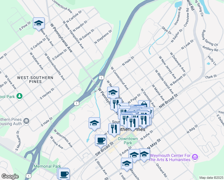 map of restaurants, bars, coffee shops, grocery stores, and more near 490 West New Hampshire Avenue in Southern Pines