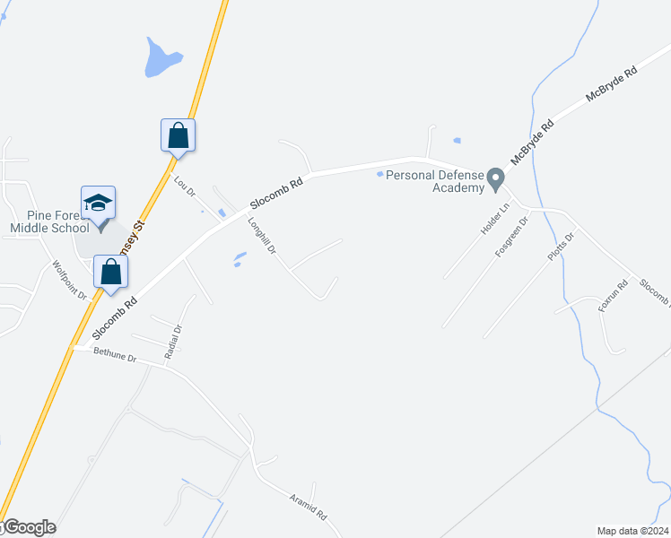 map of restaurants, bars, coffee shops, grocery stores, and more near 423 Longhill Drive in Fayetteville