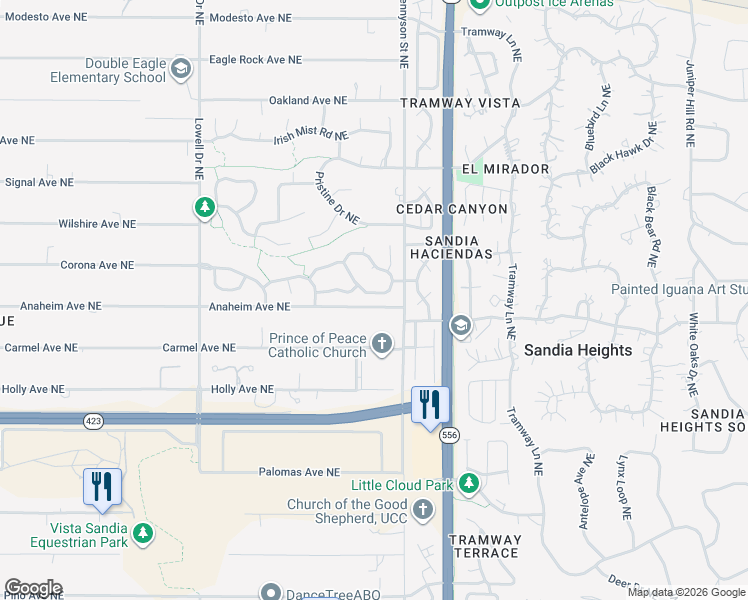 map of restaurants, bars, coffee shops, grocery stores, and more near 12410 Anaheim Avenue Northeast in Albuquerque