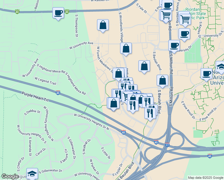 map of restaurants, bars, coffee shops, grocery stores, and more near 927 West Forest Meadows Street in Flagstaff