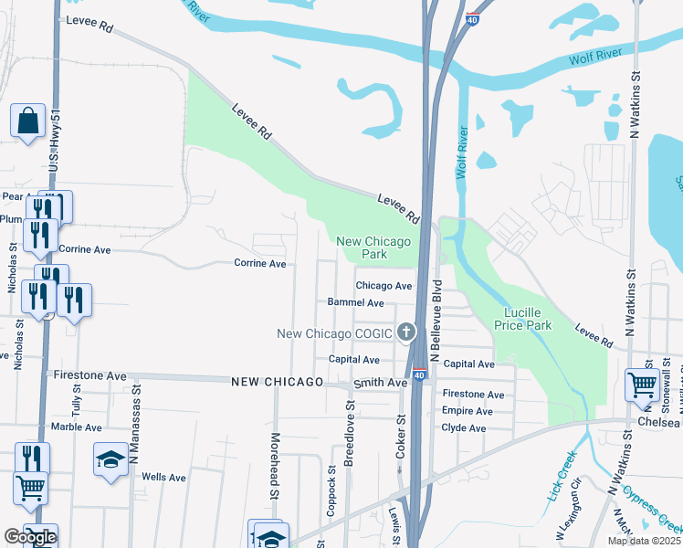 map of restaurants, bars, coffee shops, grocery stores, and more near 1415 Breedlove Street in Memphis