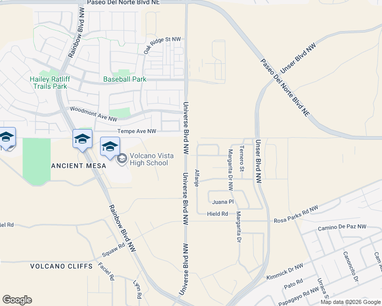 map of restaurants, bars, coffee shops, grocery stores, and more near 99999 Universe Boulevard Northwest in Albuquerque