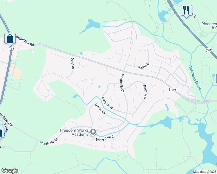map of restaurants, bars, coffee shops, grocery stores, and more near 130 Surry Circle North in Pinehurst