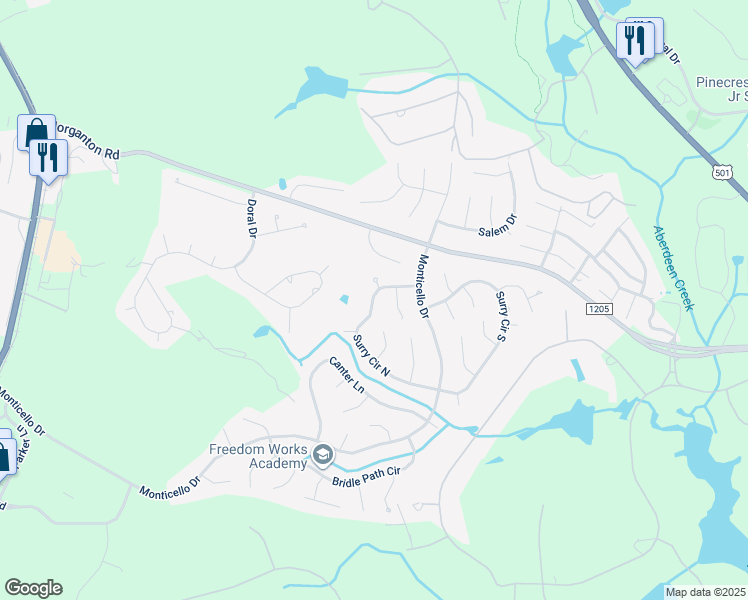 map of restaurants, bars, coffee shops, grocery stores, and more near 130 Surry Circle North in Pinehurst