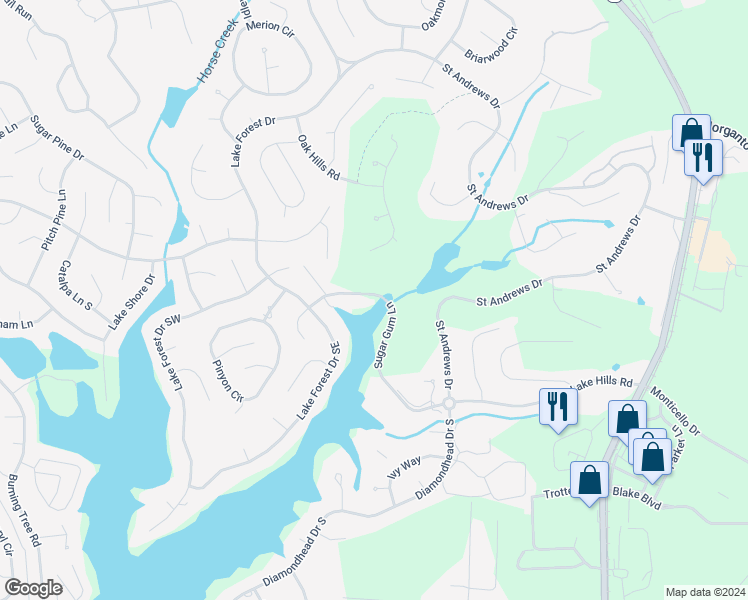 map of restaurants, bars, coffee shops, grocery stores, and more near 140 Sugar Gum Lane in Pinehurst