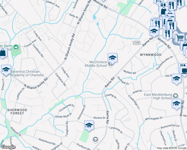 map of restaurants, bars, coffee shops, grocery stores, and more near 6000 Doncaster Drive in Charlotte