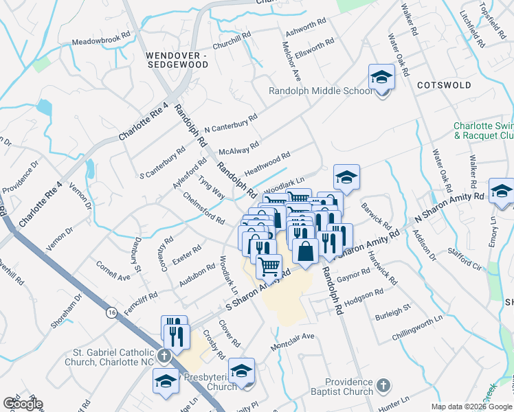 map of restaurants, bars, coffee shops, grocery stores, and more near 4523 Woodlark Lane in Charlotte