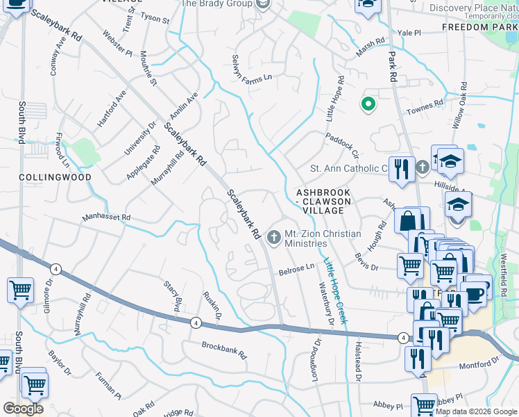 map of restaurants, bars, coffee shops, grocery stores, and more near 1023 Broadmoor Drive in Charlotte