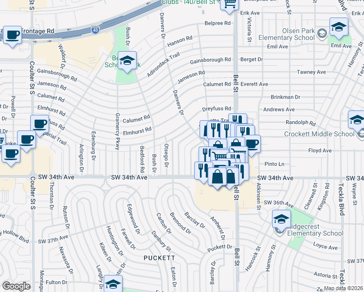 map of restaurants, bars, coffee shops, grocery stores, and more near 3307 Palmetto Trail in Amarillo