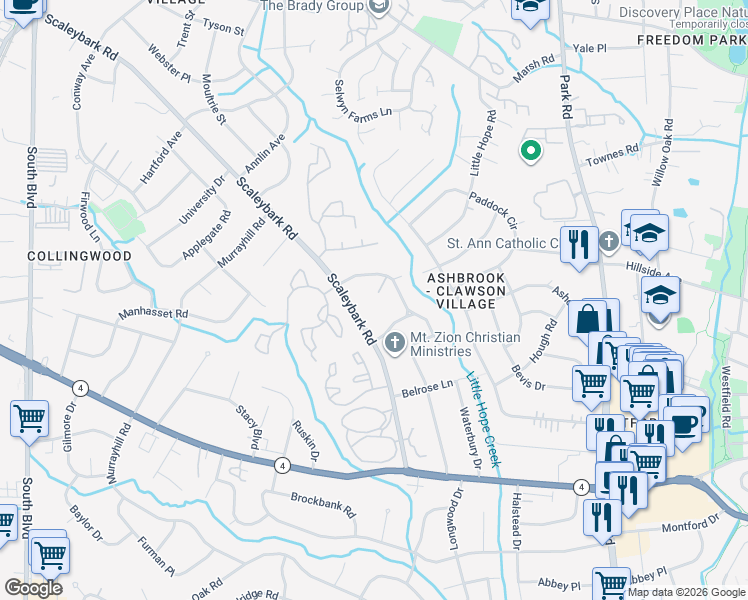 map of restaurants, bars, coffee shops, grocery stores, and more near 1023 Broadmoor Drive in Charlotte