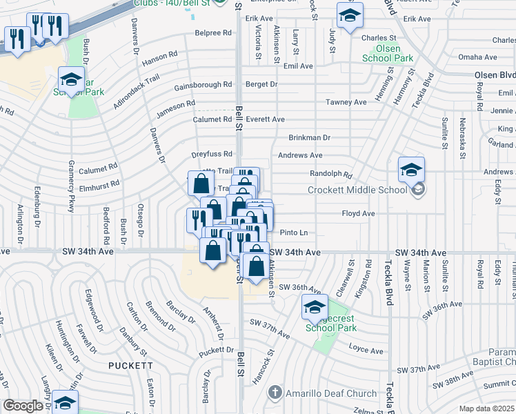 map of restaurants, bars, coffee shops, grocery stores, and more near 3357 Bell Street in Amarillo