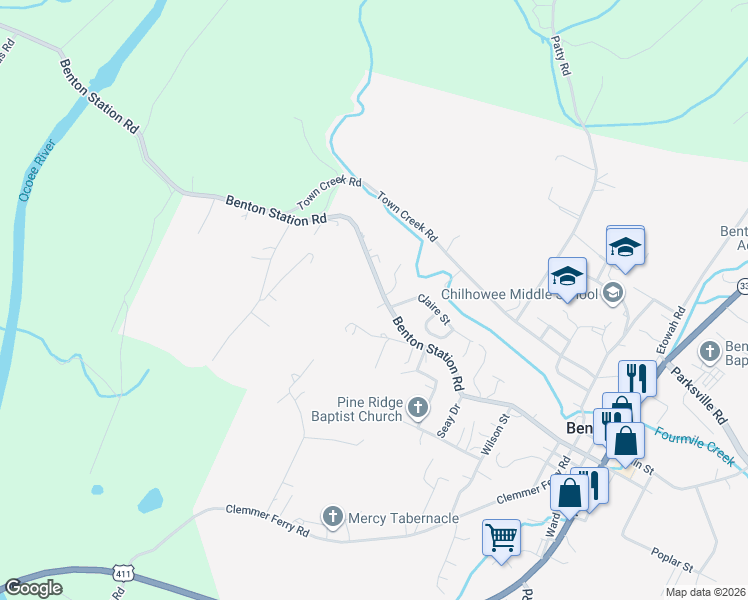 map of restaurants, bars, coffee shops, grocery stores, and more near 126 Swann Drive in Benton
