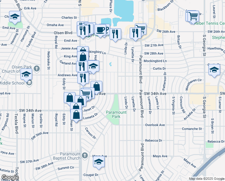 map of restaurants, bars, coffee shops, grocery stores, and more near 3321 Lometa Drive in Amarillo