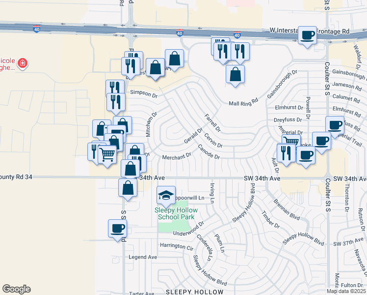 map of restaurants, bars, coffee shops, grocery stores, and more near 7905 Merchant Drive in Amarillo