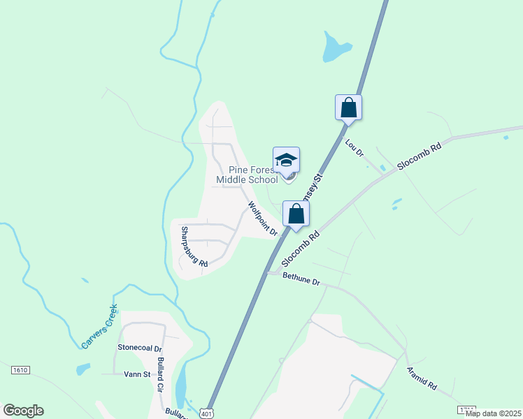 map of restaurants, bars, coffee shops, grocery stores, and more near 124 Wolfpoint Drive in Fayetteville