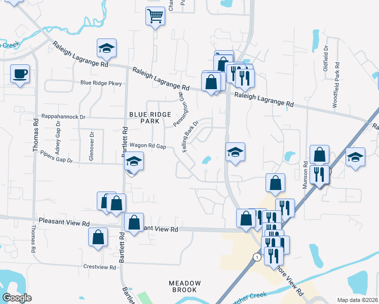 map of restaurants, bars, coffee shops, grocery stores, and more near 5573 Falling Bark Drive in Memphis