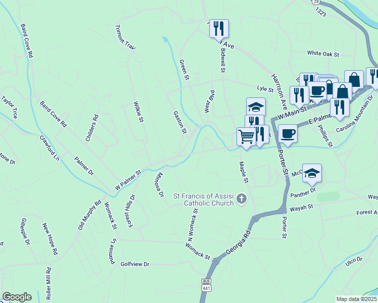map of restaurants, bars, coffee shops, grocery stores, and more near 654 West Main Street in Franklin