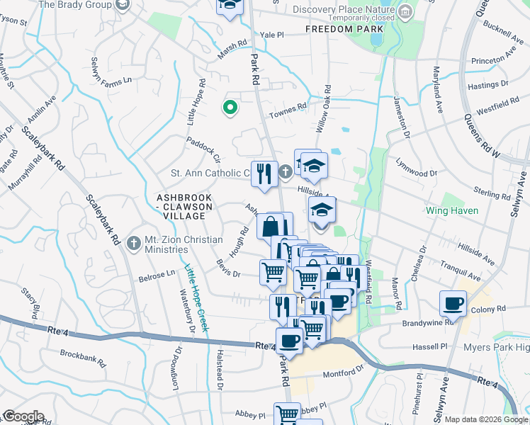 map of restaurants, bars, coffee shops, grocery stores, and more near 1337 Ashcraft Lane in Charlotte