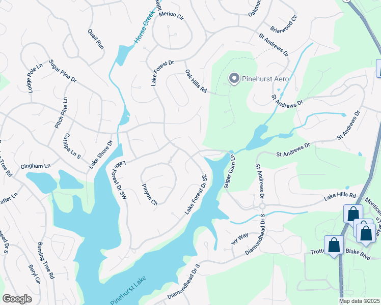 map of restaurants, bars, coffee shops, grocery stores, and more near 480 Lake Forest Drive Southeast in Pinehurst