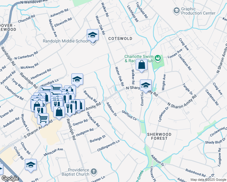 map of restaurants, bars, coffee shops, grocery stores, and more near 4516 Night Heron Lane in Charlotte