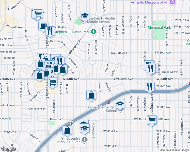 map of restaurants, bars, coffee shops, grocery stores, and more near 3216 Bowie Street in Amarillo