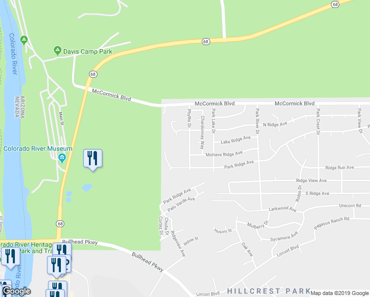 map of restaurants, bars, coffee shops, grocery stores, and more near 305 Phyllis Drive in Bullhead City