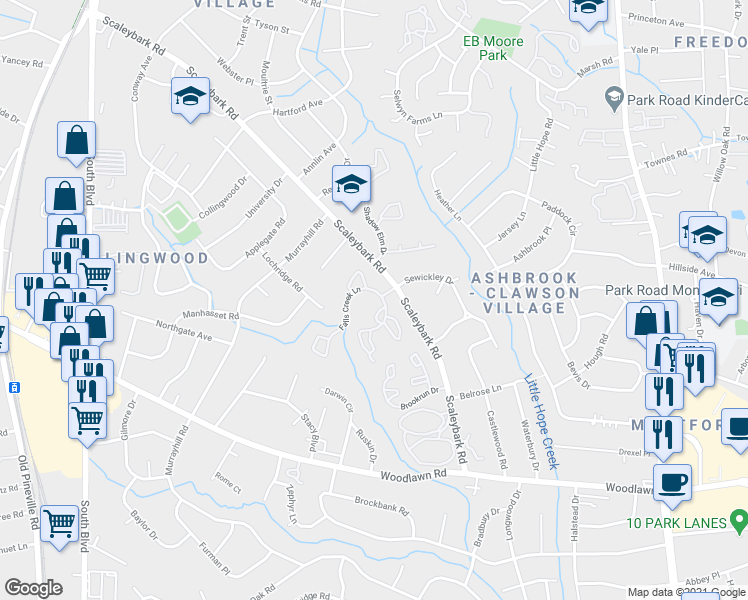 map of restaurants, bars, coffee shops, grocery stores, and more near 1031 Falls Creek Lane in Charlotte