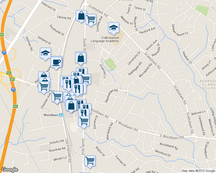 map of restaurants, bars, coffee shops, grocery stores, and more near 4414 Firwood Lane in Charlotte