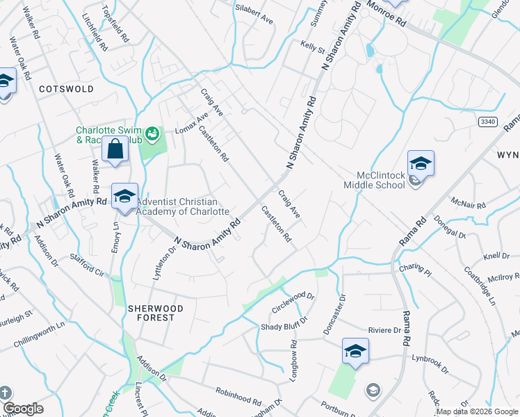 map of restaurants, bars, coffee shops, grocery stores, and more near 1312 North Sharon Amity Road in Charlotte