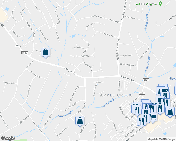 map of restaurants, bars, coffee shops, grocery stores, and more near 7105 Chattanooga Lane in Charlotte