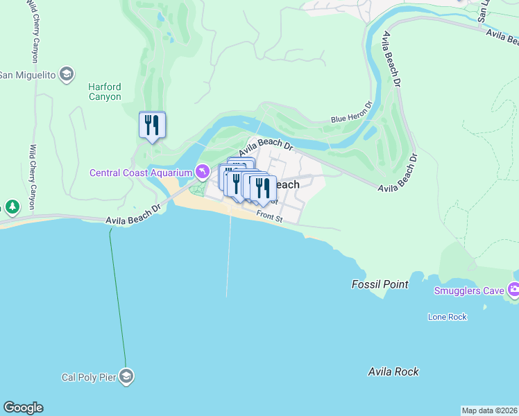 map of restaurants, bars, coffee shops, grocery stores, and more near in Avila Beach