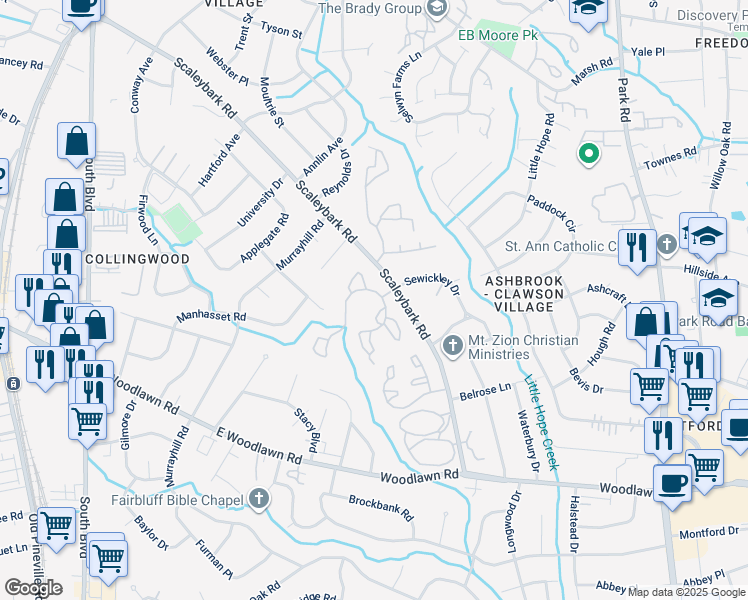 map of restaurants, bars, coffee shops, grocery stores, and more near 1100 Falls Creek Lane in Charlotte