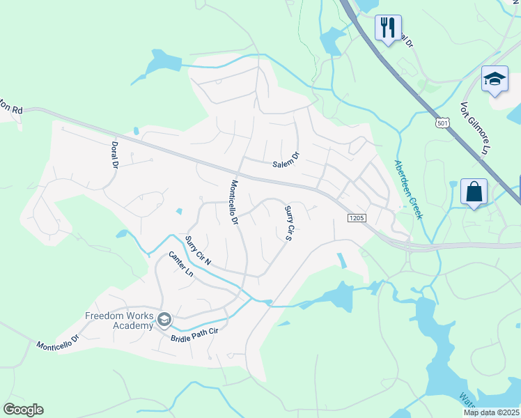 map of restaurants, bars, coffee shops, grocery stores, and more near 1 Rein Place in Pinehurst