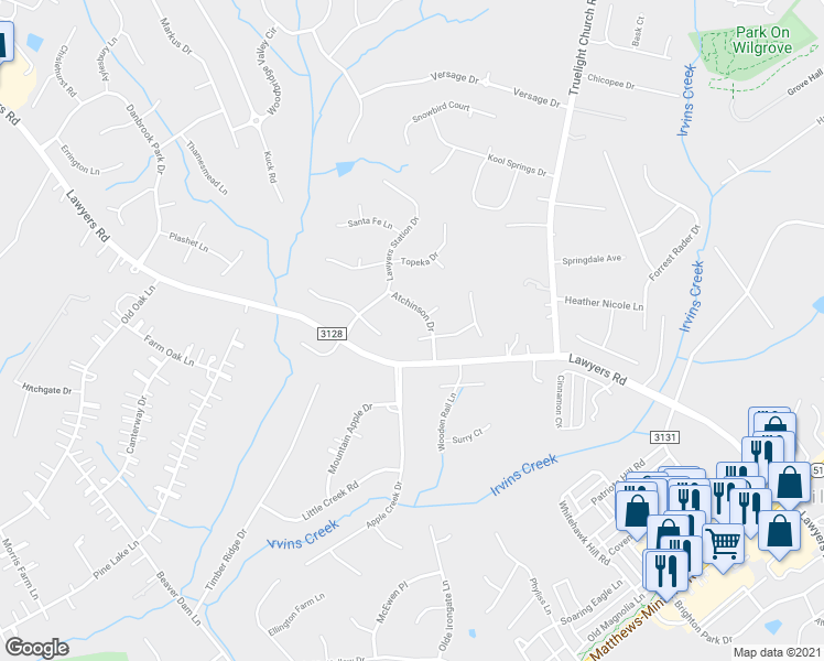 map of restaurants, bars, coffee shops, grocery stores, and more near 7105 Chattanooga Lane in Mint Hill