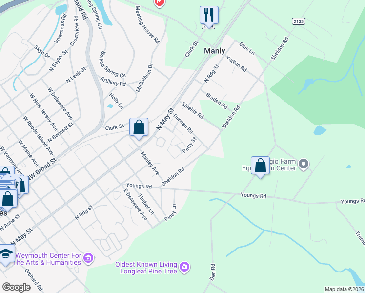 map of restaurants, bars, coffee shops, grocery stores, and more near 260 Duncan Road in Southern Pines